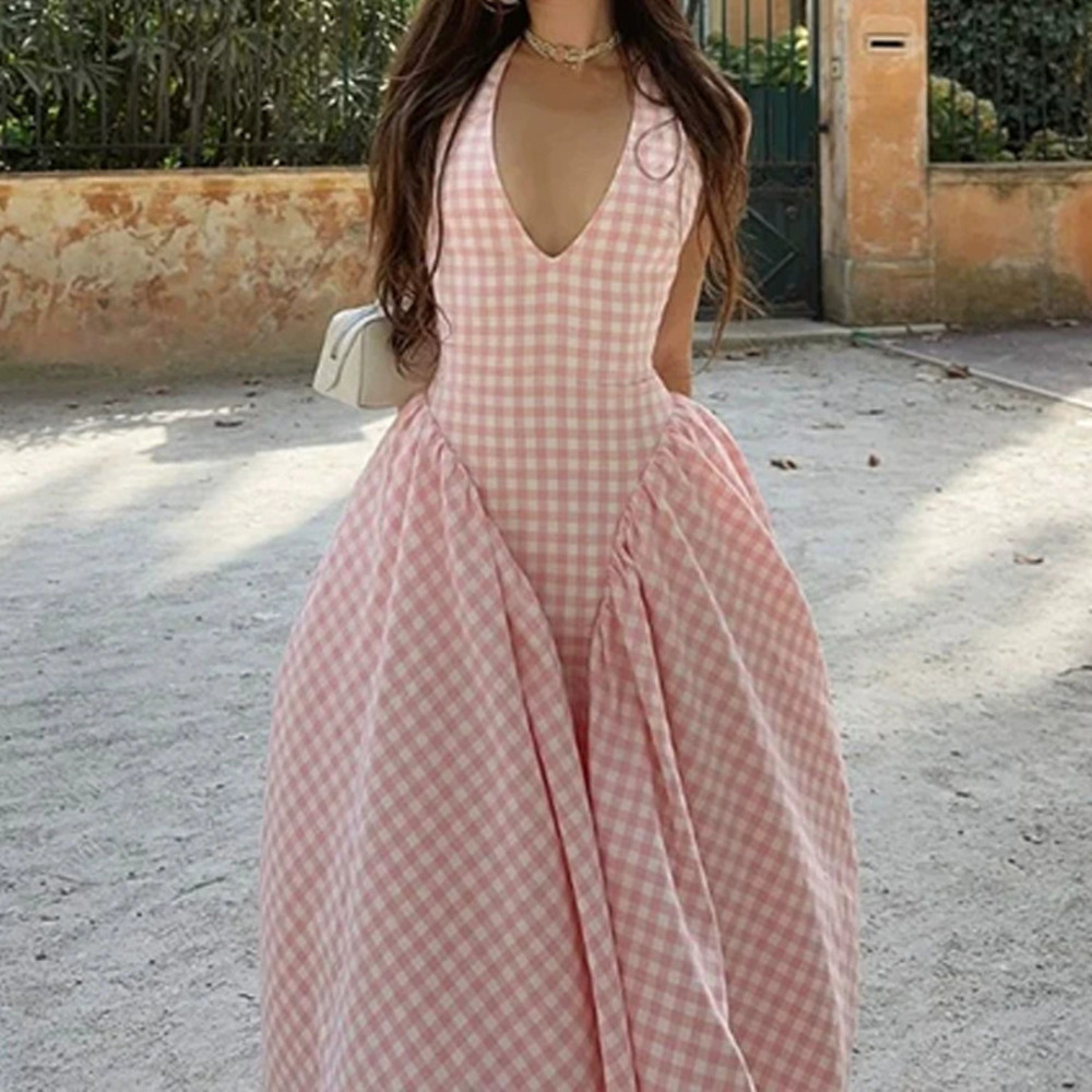 H&M Casual Elegant Plaid Halter Neck Cinched Waist Maxi Dress Fall